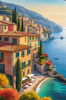 Panoramic Realistic Landscape of Italian Coastal Town with Terracotta Rooftops and Fall Colors