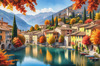 Printable art of an Italian village by a lake with autumn leaves reflection