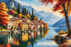 Printable art of an Italian village by a lake with autumn leaves reflection