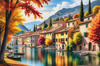 Printable art of an Italian village by a lake with autumn leaves reflection