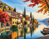 Printable art of an Italian village by a lake with autumn leaves reflection