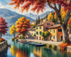Printable art of an Italian village by a lake with autumn leaves reflection