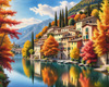 Printable art of an Italian village by a lake with autumn leaves reflection