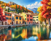 Printable art of an Italian village by a lake with autumn leaves reflection