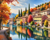 Printable art of an Italian village by a lake with autumn leaves reflection