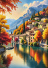 Printable art of an Italian village by a lake with autumn leaves reflection