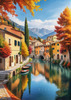 Printable art of an Italian village by a lake with autumn leaves reflection