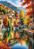 Printable art of an Italian village by a lake with autumn leaves reflection