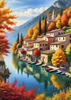 Printable art of an Italian village by a lake with autumn leaves reflection