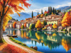 Printable art of an Italian village by a lake with autumn leaves reflection