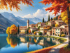 Printable art of an Italian village by a lake with autumn leaves reflection