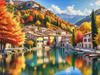 Printable art of an Italian village by a lake with autumn leaves reflection