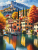 Printable art of an Italian village by a lake with autumn leaves reflection