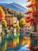 Printable art of an Italian village by a lake with autumn leaves reflection
