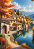 Printable art of an Italian village by a lake with autumn leaves reflection