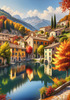 Printable art of an Italian village by a lake with autumn leaves reflection