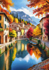 Printable art of an Italian village by a lake with autumn leaves reflection