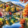 Printable art of an Italian village by a lake with autumn leaves reflection