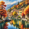 Printable art of an Italian village by a lake with autumn leaves reflection