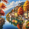 Printable art of an Italian village by a lake with autumn leaves reflection