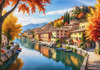 Printable art of an Italian village by a lake with autumn leaves reflection