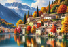 Printable art of an Italian village by a lake with autumn leaves reflection