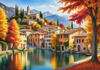 Printable art of an Italian village by a lake with autumn leaves reflection
