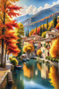 Printable art of an Italian village by a lake with autumn leaves reflection