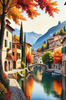 Printable art of an Italian village by a lake with autumn leaves reflection