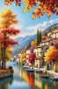 Printable art of an Italian village by a lake with autumn leaves reflection