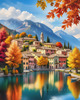 Printable art of an Italian village by a lake with autumn leaves reflection