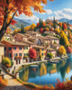 Printable art of an Italian village by a lake with autumn leaves reflection