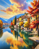 Printable art of an Italian village by a lake with autumn leaves reflection