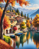 Printable art of an Italian village by a lake with autumn leaves reflection