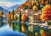 Printable art of an Italian village by a lake with autumn leaves reflection