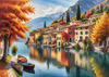 Printable art of an Italian village by a lake with autumn leaves reflection