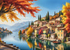Printable art of an Italian village by a lake with autumn leaves reflection