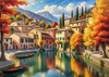Printable art of an Italian village by a lake with autumn leaves reflection