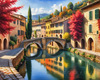 Printable Art of Italian Village in Autumn with Stone Bridges and Reflective Leaves