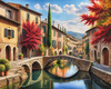 Printable Art of Italian Village in Autumn with Stone Bridges and Reflective Leaves