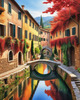 Printable Art of Italian Village in Autumn with Stone Bridges and Reflective Leaves
