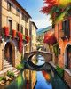 Printable Art of Italian Village in Autumn with Stone Bridges and Reflective Leaves