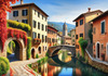 Printable Art of Italian Village in Autumn with Stone Bridges and Reflective Leaves