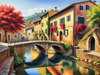 Printable Art of Italian Village in Autumn with Stone Bridges and Reflective Leaves