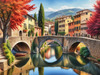 Printable Art of Italian Village in Autumn with Stone Bridges and Reflective Leaves