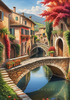 Printable Art of Italian Village in Autumn with Stone Bridges and Reflective Leaves