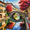 Printable Art of Italian Village in Autumn with Stone Bridges and Reflective Leaves