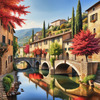 Printable Art of Italian Village in Autumn with Stone Bridges and Reflective Leaves