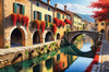 Printable Art of Italian Village in Autumn with Stone Bridges and Reflective Leaves