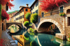 Printable Art of Italian Village in Autumn with Stone Bridges and Reflective Leaves